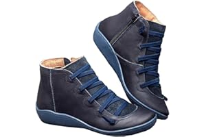 UMore Mujer Botas,Mujer Botines de Cuero Otoño Invierno Vintage Botines Mujer con Cordones Zapatos de Mujer Botas Cómodas de tacón Plano Cremallera Bota Corta Casual