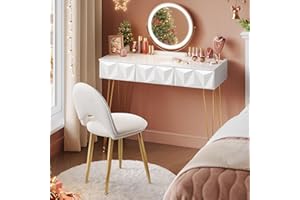 EUGAD Tocador de Maquillaje con Luz LED y Taburete, con Espejo, Mesa Maquillaje 100 cm con Silla Terciopelo, Tocador Escritorio con 3 Cajones, Blanco de Alto Brillo + Dorado
