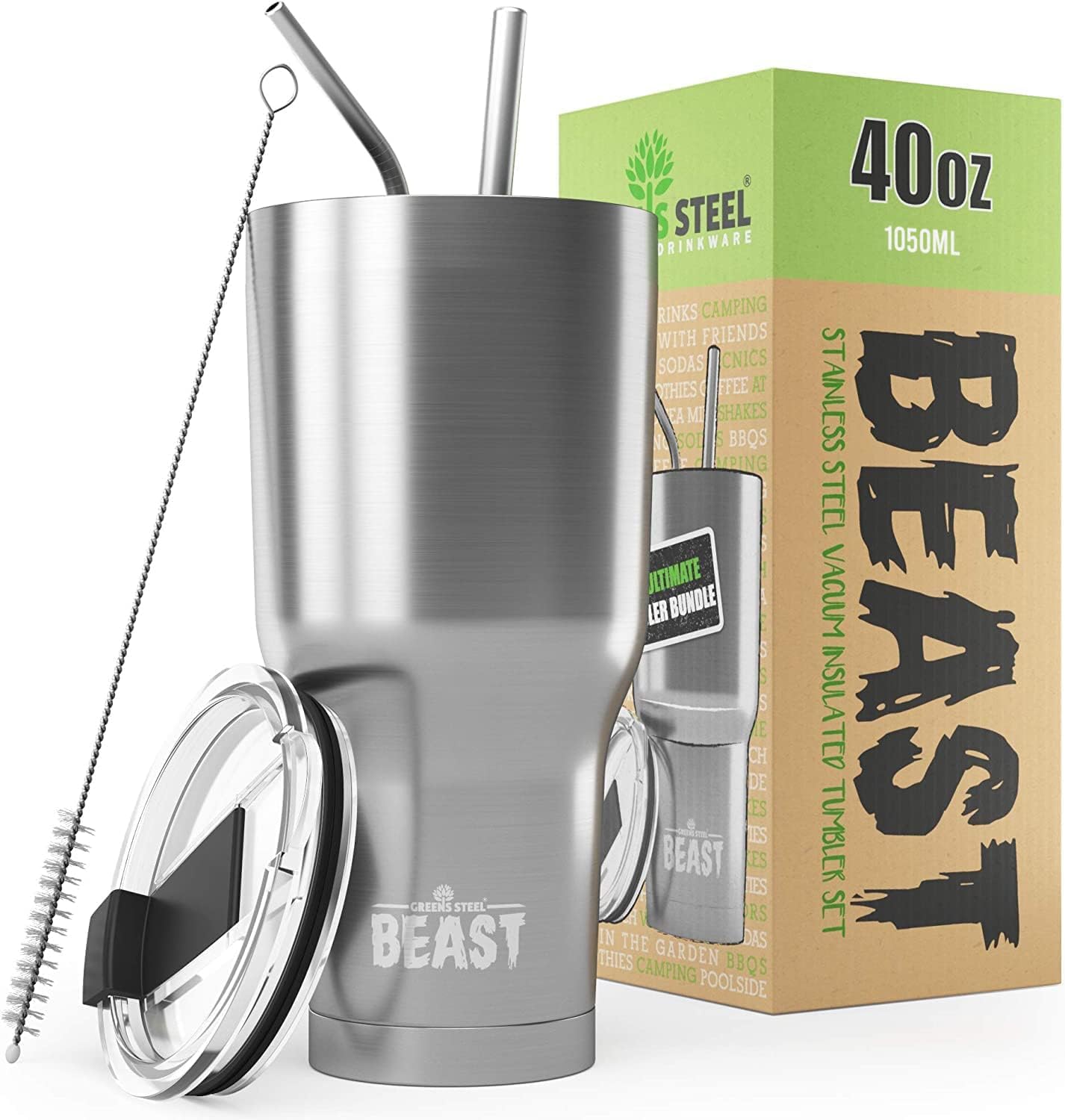 Beast Tumbler - 1100 ml (40 oz), Silver | Reusable Stainless Steel, Vacuum Insulated Cup | with + 2 Straws & Cleaning Brush | Double Wall Travel Flask Perfect for Hot or Iced Coffee | BPA Free