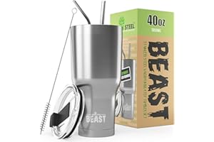 Beast Tumbler - 1100 ml (40 oz), Silver | Reusable Stainless Steel, Vacuum Insulated Cup | with + 2 Straws & Cleaning Brush | Double Wall Travel Flask Perfect for Hot or Iced Coffee | BPA Free - 1