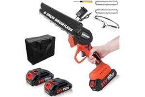 WEIWAN Mini Motosierra Batería 6 pulgadas, Motor sin escobillas reforzado, 21V Motosierra de poda, Mini Eléctrica Motosierra jardín portátil inalámbrica con 2 baterías + 2 cadenas, Cortar Madera