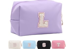 Personalised Makeup Bag for Women, A-Z Initials Waterproof Travel Cosmetic Bag Made of Leather, Birthday Gift for Women and Girls, Cosmetic Bag for Bride and Bridesmaid, purple, L
