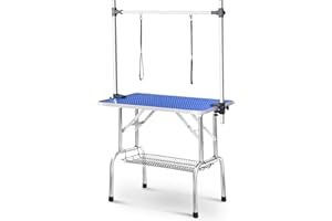 BTM Adjustable Portable Stainless Steel Dog Grooming Table with Arm Noose and Accessorie Tray, Size W90 D60 H76 cm / W36 D23.6 H30 inch