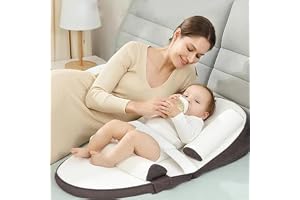 Beauenty Baby Lounger, Baby Sleeping Nest, Anti-Reflux Pillow, 0-30° Height Adjustable Travel Crib, Relieves Vomiting Milk, Washable,Breathable Fabric,Travel Crib for Newborns & Infants (Brown) (A)