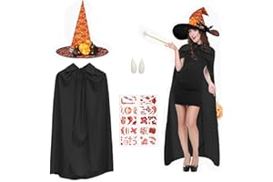 JINGTOPS Cape Sorciere Femme Halloween, Deguisement de Vampire Diable avec Chapeau de Sorcière Lumineux 10 Tatouages ​​Effrayants et Prothèses Accessoires d'halloween Carnaval Costume,140 cm Velvet Noire