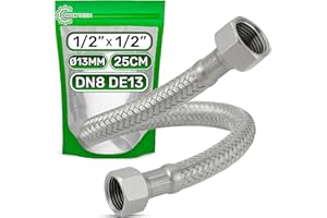 Latiguillo 25 cm Hembra 1/2” x Hembra 1/2” DN8 DE13 - Latiguillos de Fontanería Fabricada en Acero Inoxidable Temperatura máx 70°C Presión de Trabajo 10 bar - Garantía de 5 Años - ONIX TECH