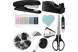 OFFCUP Büroartikel Set, Schreibtisch Set, Schreibtischzubehör 10 Kit mit Entklammerer, Heftklammern, Heftklammerentferner, Tesafilm Abroller, Schere, Bandmaß, Allzweckmesser, Clip, Haftnotizen-Schwarz