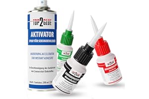 TOP2GLUE Sekundenkleber 3x je 20g - Aktivatorspray 200ml für alle Anwendungen, Blitzkleber, Atomkleber, Superkleber, dünnflüssig, medium, flexibel - Ideal für Kunststoff, Glas, Metall, Leder, Holz