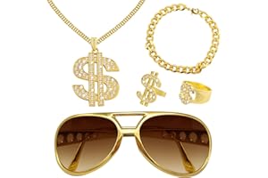 OPEIXSAYKOC 5 PCS Dollar Kette set,Hip Hop Kostüm Set,Dollar Zeichen Goldkette kit,Goldkette Sonnenbrille Goldring,80s/90s Rapper Accessories,Hiphop Punk Gold Kette,Fasching Accessoires,Mottoparty