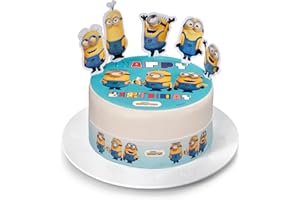 Kardasis Minions - Tapa para tartas y figuras de papel | Disco Azyme Comestible para tartas | Decoración para tartas de cumpleaños con tema Minions | 20 cm + 4 cintas 28 x 4 cm + 5 figuras