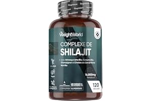 WEIGHTWORLD Shilajit d'Himalaya 16000mg avec Ashwagandha Bio, Curcuma Bio, Champignon à Crinière de Lion et Poivre Noir, Riche en Acide Fulvique, Acide Humique et Minéraux, 120 Shilajit Gélules Vegan, Sans OGM