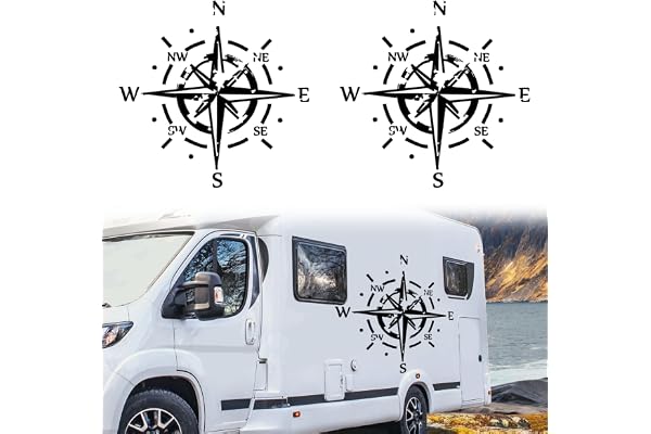 Sticker Boussole Vintage Déco - Kit stickers Van Life Camping car - Autocollant voiture moto camping car - Stickers Boussole camping car - Pack de 2 unités (40x40 cm, Noir)
