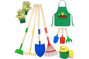 10 stycken trädgårdsleksaker för barn, vuxna, metall trädgårdsredskap set med spade, kratta, gaffel, arbetshandskar, förkläde, vattenkanna, perfekt trädgårdsverktygsset för nybörjare och familjer