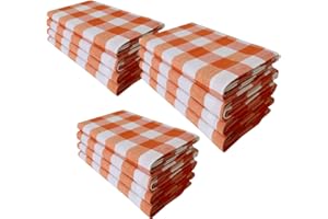 LINEN CLUBS 12Pack 100% Cotton Yarn Dyed Gingham Check Dinner Napkins 18x18Inch,Clambake Beach party Nautical Dinner Napkins as well, Color Orange/white