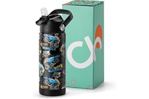 Choco Mocha Edelstahl Trinkflasche Kinder mit Strohhalm für Jungen Thermosflasche Kinder Auslaufsichere Trinkflasche Isolierte Wasserflasche für Schule BPA-frei 18 Oz/550mL,Schwarzer Lkw