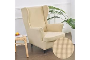 Highdi Funda de Sillón de Orejero Elástica, Color sólido Jacquard Espesar Relax Funda de Sofá con Funda de Cojín 2-Piezas, Fundas Protector de Butaca para Strandmon, Dormitorio (Beige)