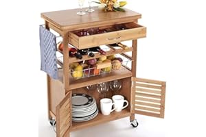 BAKAJI Carrello Cucina in Legno di bambù con Portabottiglie, Cassetto Portaposate Cestello Acciaio e 2 Ante Armadietto per Organizzazione e Sistemazione Ripiano Top in Legno Bamboo Duro e Resistente