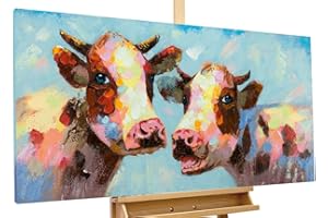 KunstLoft Leinwandbild | 100% HANDGEMALT | 120x60cm | Gemälde 'Tierischer Klatsch' | Kuh | Bunt | Wandbild Wohnzimmer