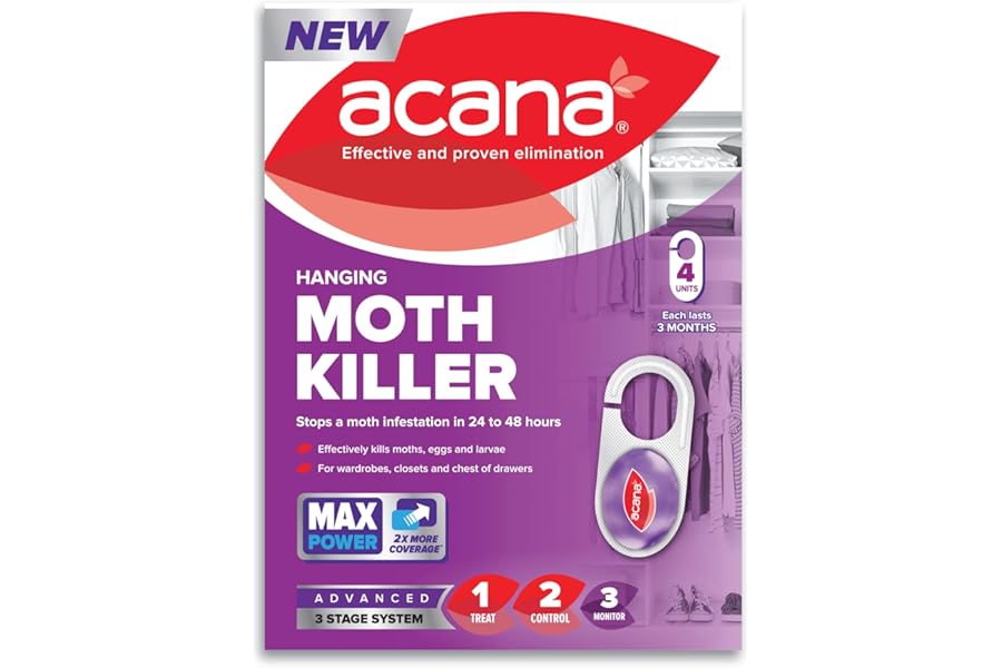 Acana Hanging Moth Killer 4 Pack for Wardrobes - Max Performance - Kills in 24 to 48 Hours - Protects Clothing & Bedding