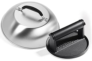 HULISEN Cast Iron Burger Press and 9 Inch Stainless Steel Melting Dome, Griddle Accessories Kit for Bacon, Cheese, Steak, Burger Smasher, Flat Top Cooking, Indoor & Outdoor Use