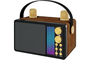 ALPOWL Karaoke Profesional, Karaoke 2 Micrófonos con Bluetooth 5.3, Diseño Retro, Luz LED para Captar Música, Un Clic para Cancelar El Sonido Original, Mango de Cuero, Altavoz Karaoke para Fiesta