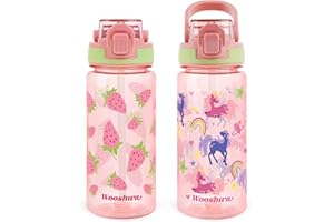 omedecal Gourde Enfant avec Paille 600ml, Anti Fuite Portable Bouteille D'eau Enfant Sans BPA & Verrouillage Sécurisé Fille Garçon pour l'école Sport - Fraise & Licorne