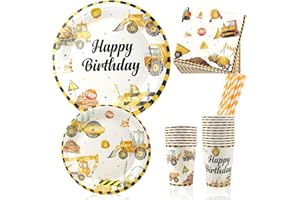BINYI Baustellen Partygeschirr Bagger Baustelle Partyteller 100 Stück Geburtstag Geschirr Pappteller Pappbecher Servietten Set für Kindergeburtstag Party Tischdeko Zubehör für 20 Gäste