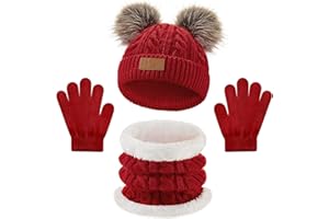 Warmiehomy Girls Hat Scarf and Gloves Set 3 in 1,Kids 3Pcs Winter Beanie Pompom Hat Fleece Lining Scarf Knitted Gloves Winter Accessories Sets for Aged 2-8 Children Outdoor Activities