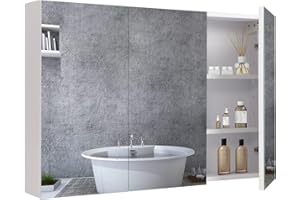 BELIWIN Wall-Mounted Mirror Cabinet White, 3-Door Mirrored Storage Cupboard, Adjustable Height Shelves Storage Unit (90 x 60 x 15 cm)