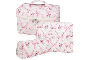 TOPALL Kosmetyczka podróżna dla kobiet, duża podróżna kosmetyczka, zaktualizowana damska kosmetyczka z bawełny, kosmetyczka, organizer do makijażu, 1 x różowa kokardka (rozmiar L + średnia + torba)