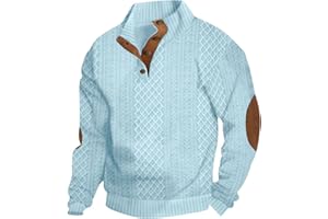 PADOLA Sweat Homme sans Capuche Jacquard Sweatshirts Col à Bouton Pull à Motif Froncé Automne Hiver Hoodie avec Patchés Tricoté Pulls Décontracté Tee Shirt Manches Longues