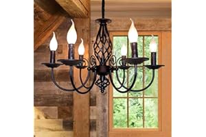 ‎JIINOO JIINOO Kronleuchter im Traditionellen Landhausstil, Vintage Höhenverstellbarer Kerzenleuchter aus Schmiedeeisen,6 Lichter Deckenlampe Bauernhaus Klassische Pendelleuchte für Küche Esszimmer Wohnzimmer