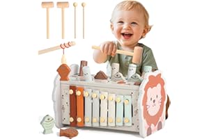 Montessori Spielzeug ab 1 Jahr - 4 in 1 Motorikspielzeug Kinderspielzeug Holzspielzeug ab 1 Jahr-Hammerspiel Xylophon Kinder ab 1 Jahr Geschenk Geschenke zum 1 Geburtstag für Kinder Mädchen Junge