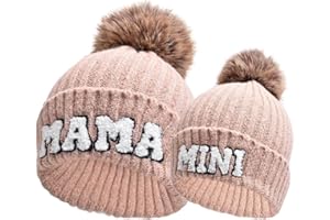 Kunyeah 2 cappelli da donna per genitore-figlio, ricamati, lavorati a maglia, per mamma e bambino, cappelli invernali caldi con pompon