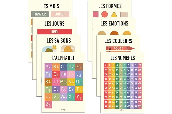 BAMMI 8 Affiches Éducatives 30x42cm – Posters Pédagogiques Enfants : Alphabet, Nombres, Couleurs, Formes, Jours, Mois, Émotions, Saisons