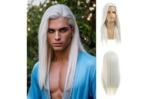 BEWEIG Pelucas para Hombre Cabello Blanco Largo Recto Sintético Resistente al Calor Fiesta Halloween Cosplay Pelucas