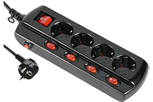 Electraline 62515 Multipresa Multipresa 4 Prese Schuko + 4 Interruttori + 1 Interruttore Generale, Cavo 1.5 M, Colore Nero