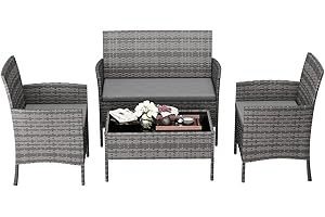 Amopatio Gartenmöbel Set, Rattanmöbel Balkonmöbel 4-teilig. Kleiner Gartengarnitur Sitzgruppe mit 2 Sessel, Sofa & Tisch für Terrasse, Balkon, Poolränder, Grau