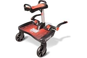 Lascal BuggyBoard Maxi+, Kinderbuggy Trittbrett mit großer Stehfläche und Saddle, Kinderwagen Zubehör für Kinder von 2-6 Jahren (22 kg), kompatibel mit fast jedem Buggy und Kinderwagen, rot