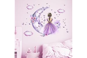 LEKABEE Farfalla ragazza adesivi murali, luna fiore fata decalcomania murale,viola floreale murale decorazioni da parete farfalle colorate,vinile rimovibile fai da te wall art per ragazze baby nursery camera