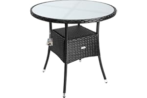 Casaria® Tavolo Rotondo da Giardino Polyrattan Ø 80 Piano in Vetro 5mm Altezza Regolabile Tavolino Terrazza Balcone