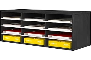 Senhoglb Wood Paper Storage Organizer for Desk, 12 Compartments Wooden File Sorter with Adjustable Shelves, Mail Sorter Organizer Countertop for Office, Home, Classroom，Black and White