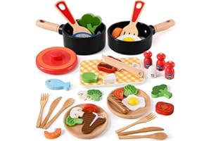 Atoylink Cibo Giocattolo per Bambini Giochi in Legno Set Cucina Bambini Verdura da Tagliare Pentole Giochi di Ruolo Gioco Educativo Regalo Compleanno Natale Montessori Bambini Bambine 3 4 5 6+ Anni