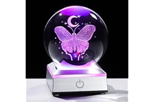 Movdyka Crystal 3D Butterfly with Moon 3.15'' Witchcraft Ball Figurine Gifts for Women, Glass Collectible Sphere with LED Lights Base for Girls Butterflies Lovers on Birthday Home Ornaments