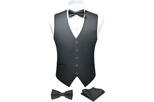 FAIMO Mens Waistcoat Solid Color Waistcoat with Bowtie Pocket Square Set Wedding Party Formal Vest Suit Set XS-4XL