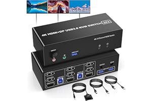 RYTAKI PRO 2 Displayport + HDMI USB 3.0 KVM Switch 3 Monitors 2 Computers, 4K@60Hz Triple Monitor KVM With Audio Microphone Output and 3 USB 3.0 Ports, KVM triple monitor Keyboard Mouse Switcher
