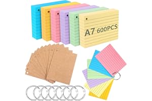 moinkerin Tarjetas 600 piezas 10,4 × 7,6 cm multicolor con 7 anillas y 12 tarjetas kraft – tarjetas rayadas para oficina, hogar y escuela