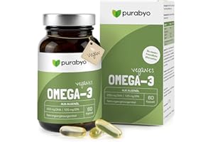 ‎PURABYO Algenöl OMEGA 3 Vegan | im Glas | Nur 1 Kapsel täglich | Zwei-Monatsversorgung | hochdosiert | Hoher EPA Gehalt | 250 mg DHA und 125 mg EPA
