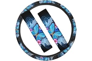 NETILGEN Set mit 3 Stück Schmetterlings-Autozubehör, blauer Schmetterlings-Druck, Auto-Lenkradbezug, Sicherheitsgurtpolster, Anti-Rutsch-Schutztasche für Damen, passend für SUV, Van, Limousine, LKW