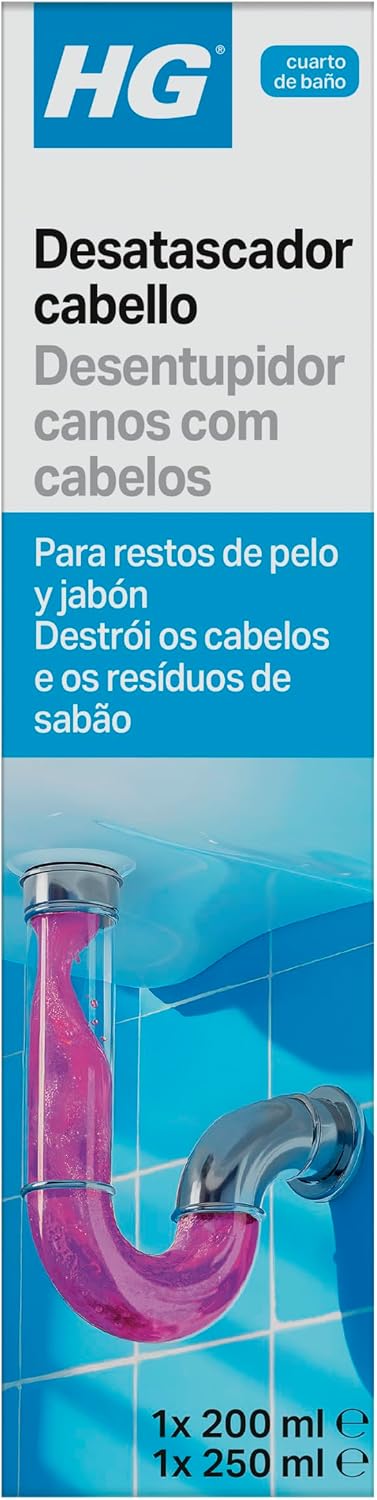 HG Desatascador de Pelo para Cañerías y Desagües, Elimina Tapones de Pelo de la Ducha, Bañera y Fregadero, Desbloquea Tuberías Rápidamente y con Seguridad - 200 ml + 250 ml